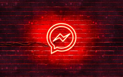 Facebook Messenger punainen logo, 4k, punainen brickwall, Facebook Messenger-logo, sanansaattajat, Facebook Messenger neon-logo, Facebook Messenger