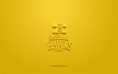 Fukuoka SoftBank Hawks, yaratıcı 3D logo, MPT, sarı arka plan, 3d amblem, Japon beyzbol takımı, Nippon Profesyonel Beyzbol, Fukuoka, Japonya, 3d sanat, beyzbol, Fukuoka SoftBank Hawks 3d logo