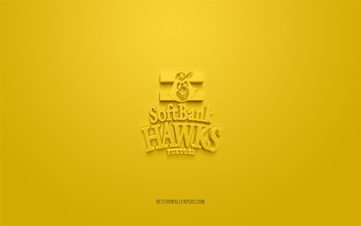 fukuoka softbank hawks, kreative 3d-logo, npb, gelber hintergrund, 3d-emblem, japanese baseball team, nippon professional baseball, fukuoka, japan, 3d-kunst, baseball, fukuoka softbank hawks 3d-logo