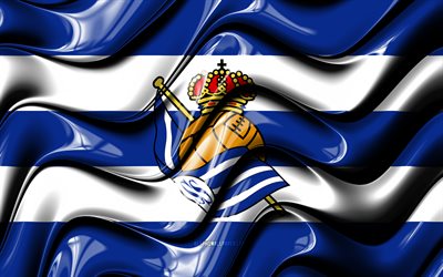 Real Sociedad bandiera, 4k, bianco e blu, 3D, onde, LaLiga, squadra di calcio spagnola, Real Sociedad FC, calcio, Real Sociedad logo, La Liga, Real Sociedad