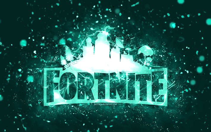 Fortnite turquoise logo, 4k, turquoise neon lights, creative, turquoise abstract background, Fortnite logo, online games, Fortnite
