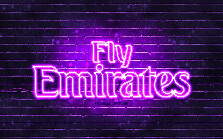 Emirates Airlines viola logo, 4k, viola, muro di mattoni, Emirates Compagnie aeree logo, compagnia aerea Emirates Airlines, neon logo, Emirates Compagnie aeree Fly Emirates