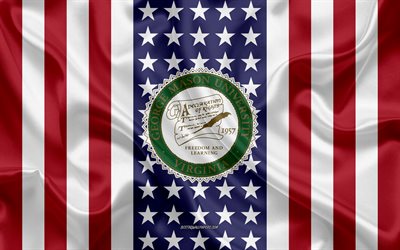 George Mason University Emblem, American Flag, George Mason University logo, Fairfax City, Virginia, USA, George Mason University