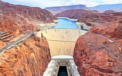 hoover barajı, 4k, colorado nehri, vektör sanatı, amerikan simge yapıları, yaratıcı, amerikan turistik yerleri, hidroelektrik santrali, abd, amerika, boulder barajı