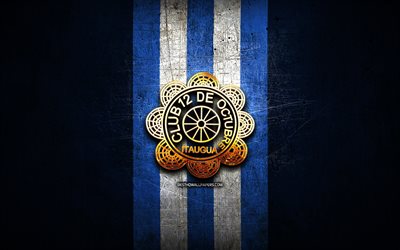12 de Octubre FC, golden logo, Paraguayan Primera Division, blue metal background, football, Venezuelan football club, Club 12 de Octubre logo, soccer, Venezuelan Primera Division, Club 12 de Octubre