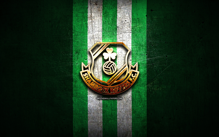 shamrock rovers fc, golden logotyp, league irland-premier division, gr&#246;n metall bakgrund, fotboll, irish football club, shamrock rovers fc-logotypen