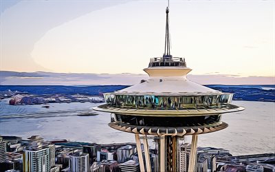 Space Needle, 4k, abstract cityscapes, vector art, american landmarks, Seattle cityscape, creative, american tourist attractions, Seattle, USA, America, Space Needle 4K
