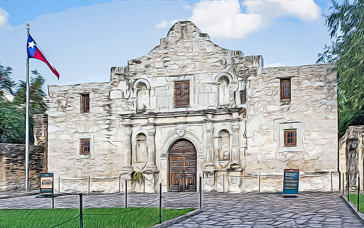 batalha do alamo, 4k, resumo citiscapes, vetor arte, american marcos, criativo, american atra&#231;&#245;es tur&#237;sticas, texas, eua, am&#233;rica