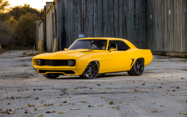 4k, chevrolet camaro, 1969, sarı spor coupe, camaro ayarlama, eski model arabalar, amerikan arabaları, chevrolet