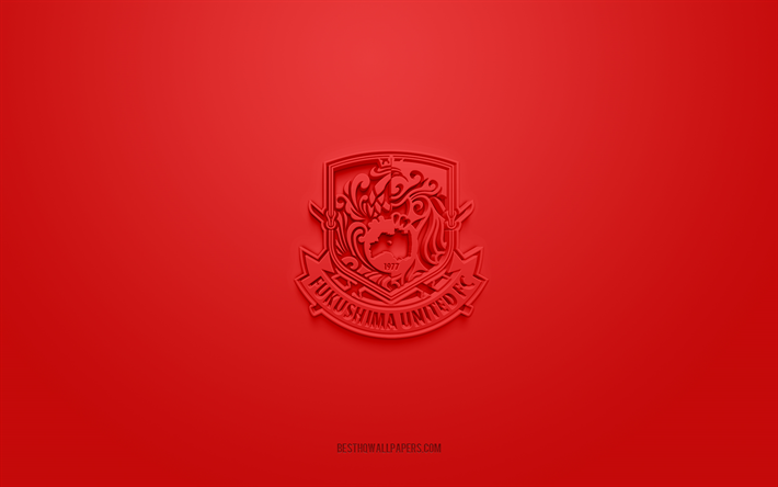 fukushima united fc, criativo, logo em 3d, fundo vermelho, j3 league, 3d emblema, do jap&#227;o, clube de futebol, fukushima, no jap&#227;o, arte 3d, futebol
