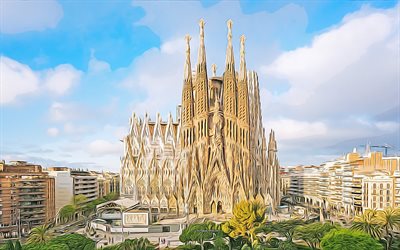 Sagrada Familia, Barcelona, Catalonia, Spain, 4k, vector art, Sagrada Familia drawing, creative art, Sagrada Familia art, vector drawing, abstract cityscape, Barcelona drawing