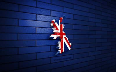 英国で地図, 4k, 青brickwall, 欧州諸国, 英国地図のシルエット, 英国フラグ, 欧州, イギリスの地図, イギリス旗, 英国, ユニオンジャック, 旗の英国, 英国の3d地図