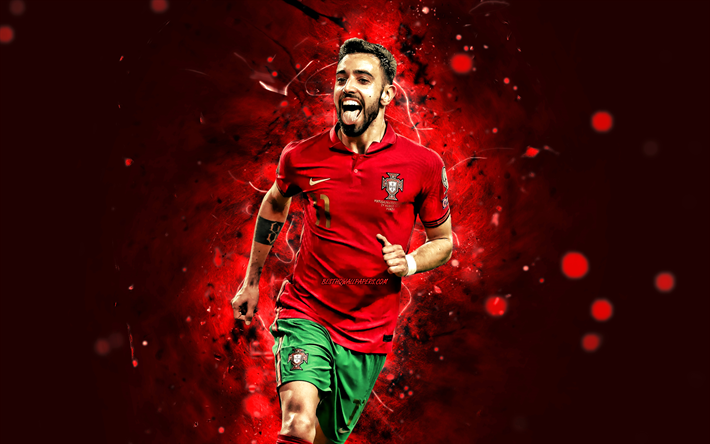 Bruno Fernandes, 2022, Portugal National Team, 4k, football stars, red neon lights, soccer, footballers, Portuguese football team, Bruno Fernandes 4K