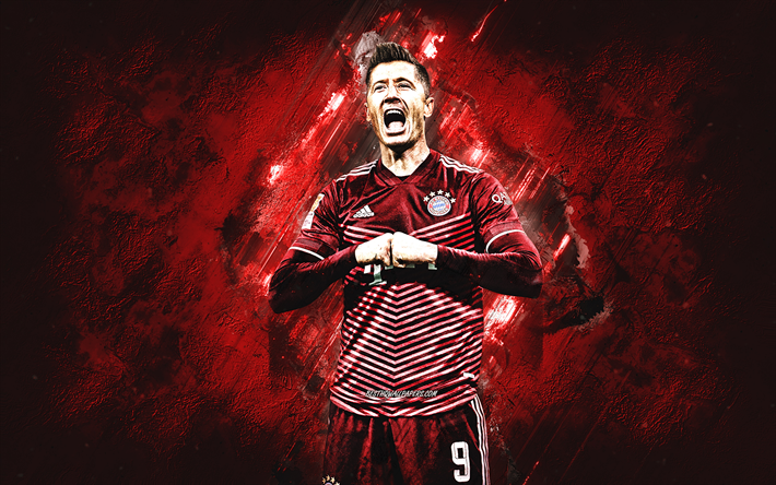 Robert Lewandowski, FC Bayern Munich, polish soccer player, Lewandowski Bayern Munich, football, red stone background, Bundesliga, Germany