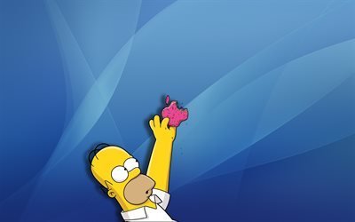 Homer Simpson, apple, blue background, Simpsons
