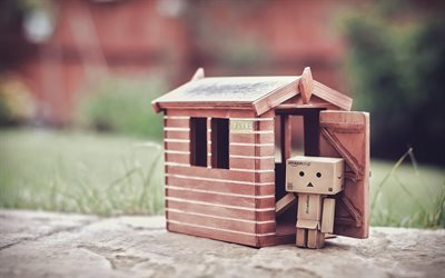 Danbo, house, cardboard robot, bokeh, danboard box