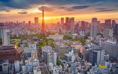 Tokyo, Japan, sunset, panorama city, Tokyo Tower, kv&#228;ll