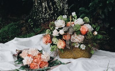 Basket with flowers, roses, peonies, beautiful bouquets, orange roses