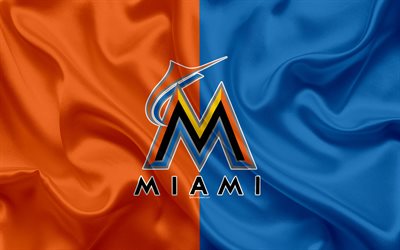 Miami Marlins, 4k, logo, silk texture, American baseball club, blue orange flag, emblem, MLB, Miami, Florida, USA, Major League Baseball