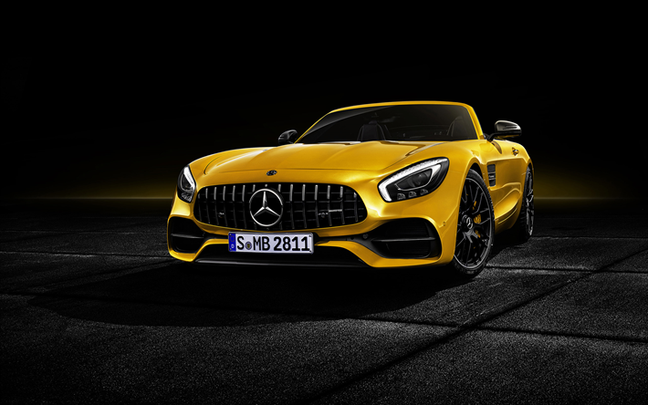 Mercedes-AMG GT S Roadster, 2019, front view, exterior, yellow supercar, tuning, black wheels, yellow GT S Roadster, luxury cabriolet, German new cars, Mercedes