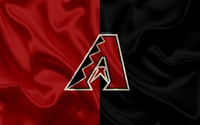 Diamondbacks de Arizona, de los D-backs, 4k, el logotipo de seda de la textura, el American club de b&#233;isbol, rojo negro de la bandera, emblema, MLB, Arizona, estados UNIDOS, la Major League Baseball