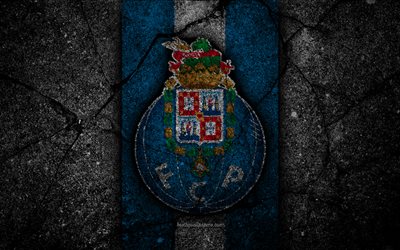 4k, Porto FC, logo, Portugal, Primeira Liga, soccer, grunge, asphalt texture, Porto, football club, black stone, FC Porto