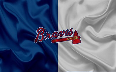 Atlanta Braves, 4k, logo, textura de seda, Americana de beisebol clube, azul-cinzento bandeira, emblema, MLB, Atlanta, EUA, Major League Baseball
