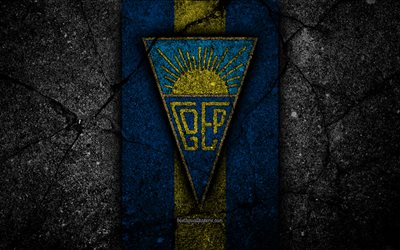 4k, Estoril FC, logo, Portugal, Primeira Liga, soccer, grunge, asphalt texture, Estoril, football club, black stone, FC Estoril
