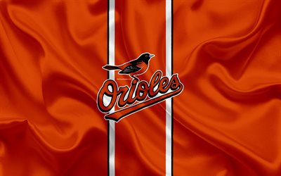 Baltimore Orioles, 4k, el logotipo de seda de la textura, el American club de b&#233;isbol, naranja bandera, el escudo, la MLB, Baltimore, Meryland, estados UNIDOS, la Major League Baseball