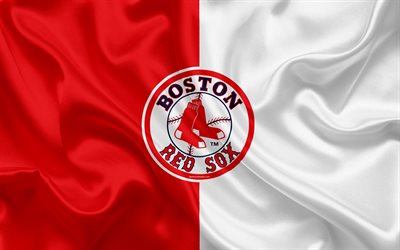 Boston Red Sox, 4k, logo, silk texture, american baseball club, red white flag, emblem, MLB, Boston, Massachusetts, USA, Major League Baseball