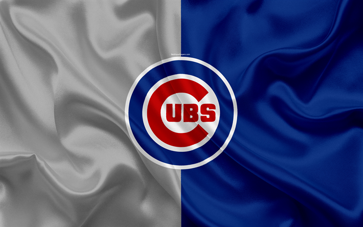 Chicago Cubs, 4k, logo, silk texture, American baseball club, gray blue flag, emblem, MLB, Chicago, Illinois, USA, Major League Baseball