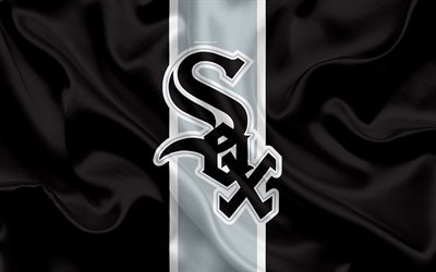 Chicago White Sox, 4k, logo, silk texture, american baseball club, black gray flag, emblem, MLB, Chicago, Illinois, USA, Major League Baseball