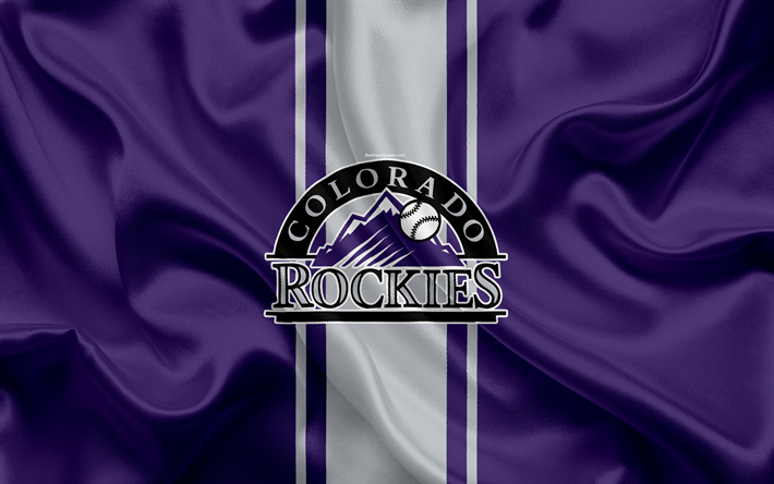 Colorado Rockies, 4k, logo, textura de seda, Americana de beisebol clube, roxo bandeira, emblema, MLB, Denver, Colorado, EUA, Major League Baseball