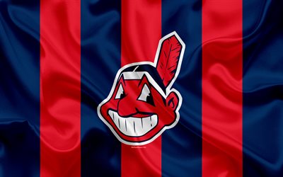 Indios de Cleveland, 4k, el logotipo de seda de la textura, el American club de b&#233;isbol azul rojo de la bandera, el escudo, la MLB, de Cleveland, Ohio, estados UNIDOS, la Major League Baseball