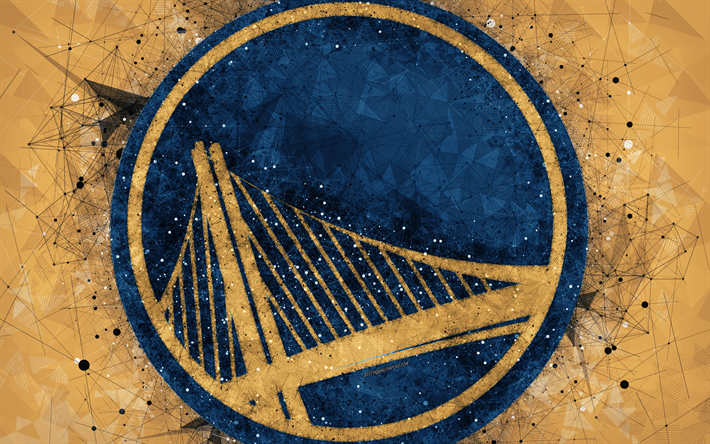 Golden State Warriors, 4K, luova geometrinen logo, American basketball club, creative art, NBA, tunnus, mosaiikki, keltainen abstrakti tausta, National Basketball Association, Auckland, California, USA, koripallo