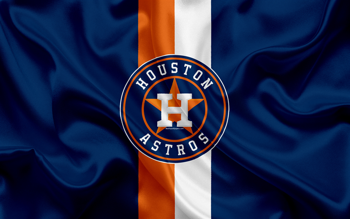 Los Astros de Houston, 4k, el logotipo de seda de la textura, el american club de b&#233;isbol azul de la bandera, el escudo, la MLB, Houston, Texas, estados UNIDOS, la Major League Baseball