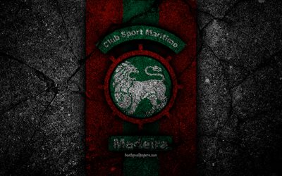 4k, Maritimo FC, logotyp, Portugal, Den F&#246;rsta Ligan, fotboll, grunge, asfalt konsistens, Maritimo, football club, svart sten, FC Maritimo
