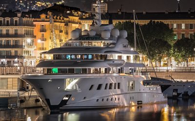 luxury white yacht, jetty, evening, coast, sea, city lights, expensive ships
