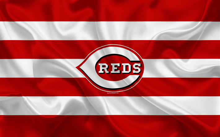 Cincinnati Reds, 4k, logo, silk texture, American baseball club, red white flag, emblem, MLB, Cincinnati, Ohio, USA, Major League Baseball