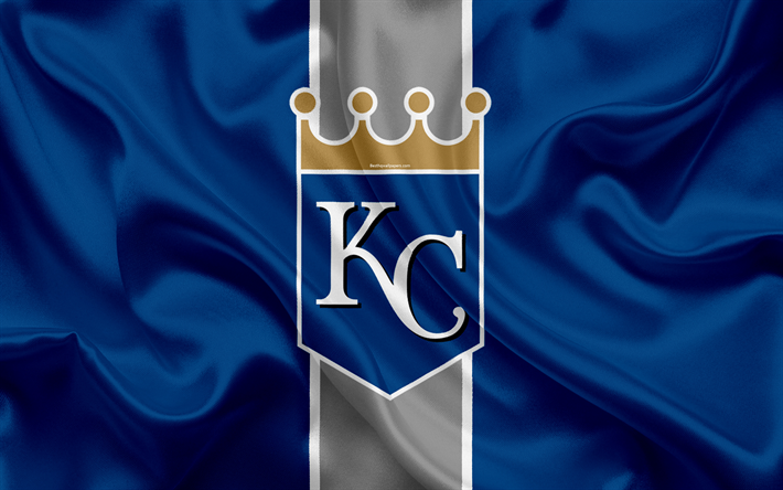 Los Kansas City Royals, 4k, el logotipo de seda de la textura, el American club de b&#233;isbol azul de la bandera, el escudo, la MLB, la Ciudad de Kansas, Missouri, estados UNIDOS, la Major League Baseball