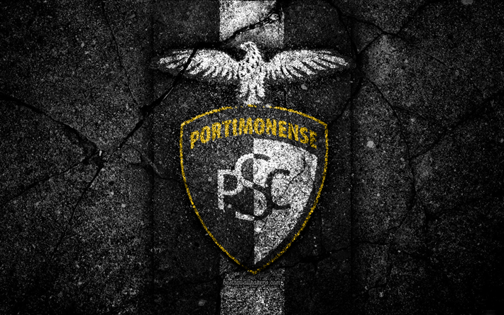 4k, Portimonense FC, logo, Portugal, Primeira Liga, soccer, grunge, asphalt texture, Portimonense, football club, black stone, FC Portimonense