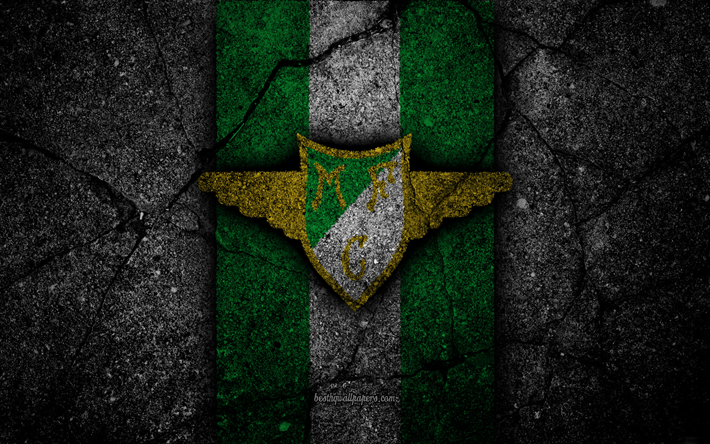 4k, Moreirense FC, logotyp, Portugal, Den F&#246;rsta Ligan, fotboll, grunge, asfalt konsistens, Moreirense, football club, svart sten, FC Moreirense