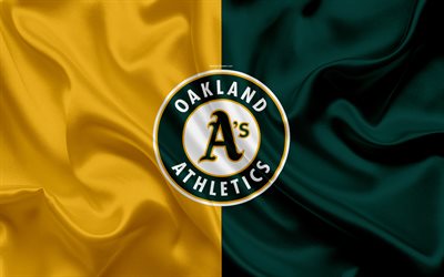 Oakland Athletics, 4k, logo, textura de seda, americana de beisebol clube, verde bandeira amarela, emblema, MLB, Auckland, Calif&#243;rnia, EUA, Major League Baseball
