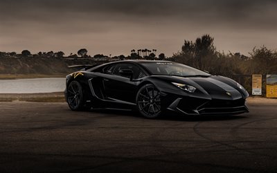 Lamborghini Aventador, LP700-4, musta superauto, ulkoa, lokero lokero, musta Aventador