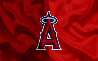 Los Angeles Angels, 4k, logo, silk texture, american baseball club, green yellow flag, emblem, MLB, Auckland, California, USA, Major League Baseball