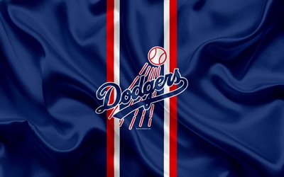 Los Angeles Dodgers, 4k, logo, silk texture, American baseball club, blue flag, emblem, MLB, Los Angeles, California, USA, Major League Baseball