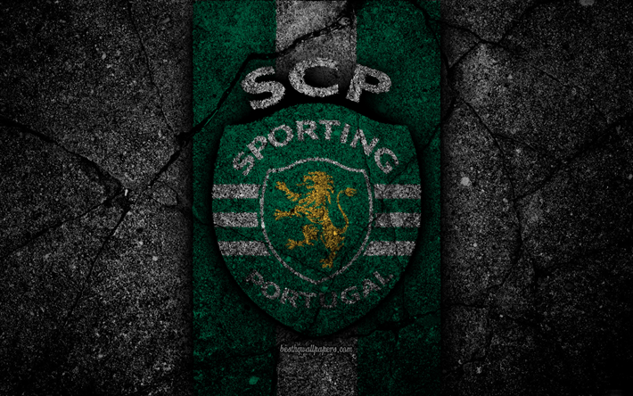 4k, Sporting FC, logo, Portogallo Primeira Liga, calcio, grunge, texture dell&#39;asfalto, Sportivo, squadra di calcio, pietra nera, FC Sporting
