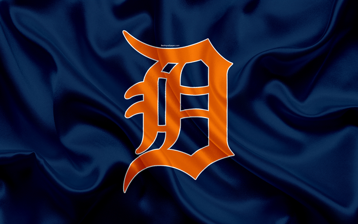 Los Tigres de Detroit, 4k, el logotipo de seda de la textura, el American club de b&#233;isbol azul de la bandera, el escudo, la MLB, Detroit, Michigan, estados UNIDOS, la Major League Baseball