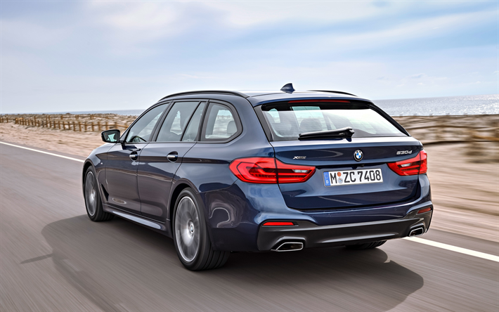 BMW 5 Touring, 2018, 530d, xDrive, &#224; l&#39;ext&#233;rieur, vue de l&#39;arri&#232;re, bleu nouveau BMW 5 wagon, allemand de nouvelles voitures, BMW