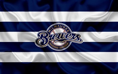 Milwaukee Brewers, 4k, logo, silk texture, American baseball club, blue white flag, emblem, MLB, Milwaukee, Wisconsin, USA, Major League Baseball
